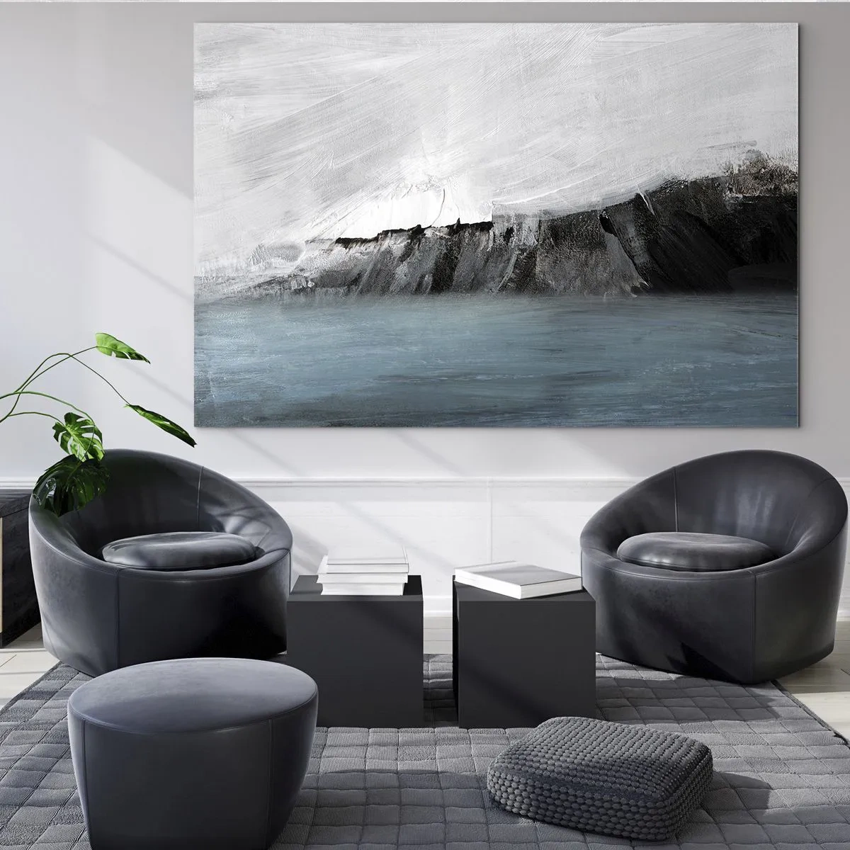 Cuadro sobre vidrio - Impresiones sobre Vidrio - Composición abstracta en tonos azul, blanco y negro. - 70x50cm - Agua - tierra: un choque de elementos - Decoración de pared moderna para salón y dormitorio ARTTOR