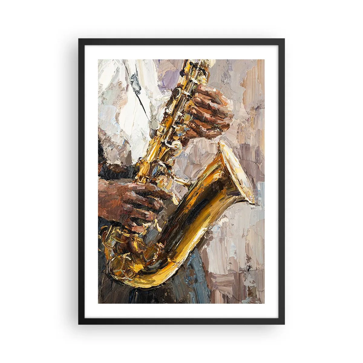 Póster en marco negro - Un saxofonista tocando en un estilo de pintura artística. - 50x70cm - Llegó el momento del solo - Decoración de pared moderna para salón y dormitorio ARTTOR