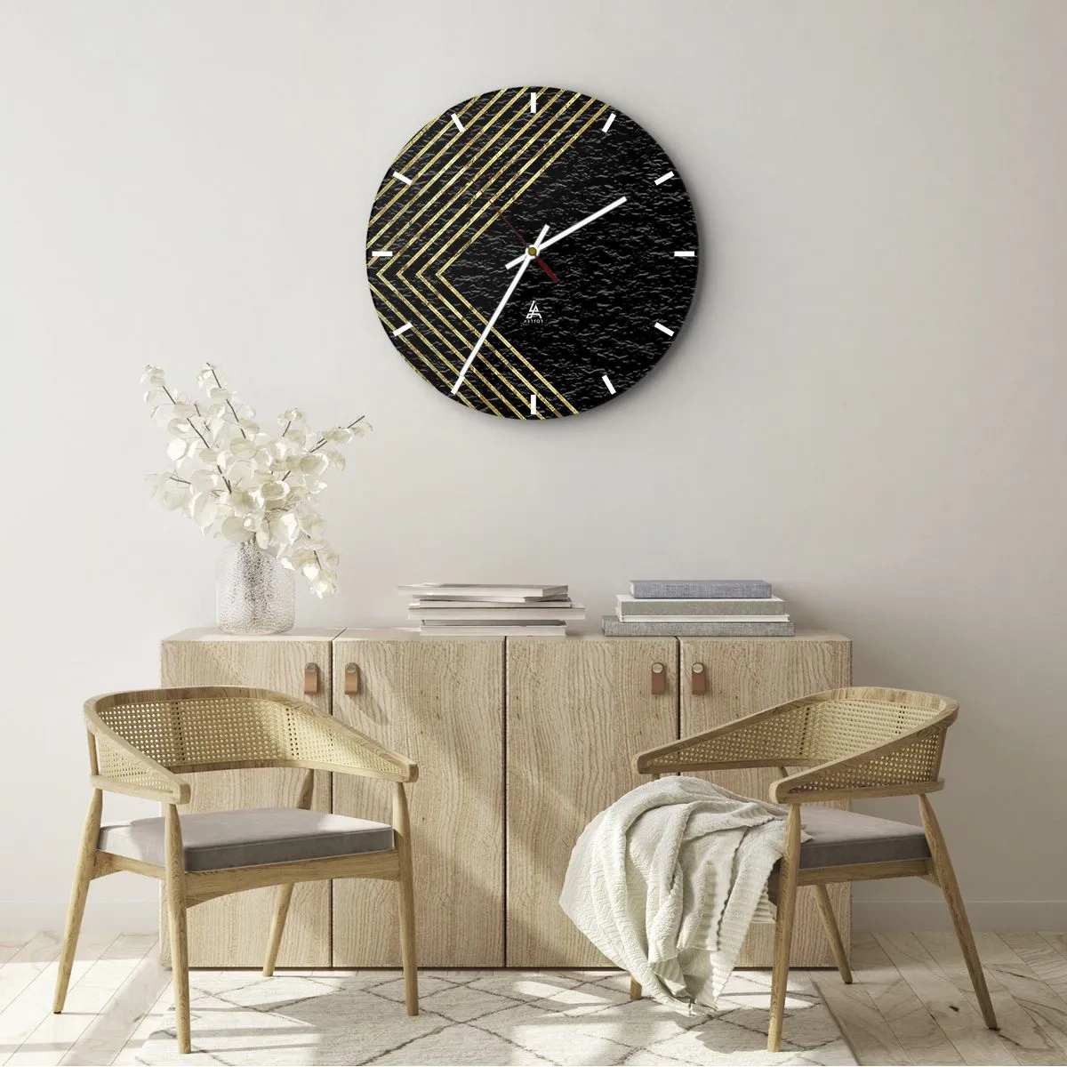 Reloj de pared - Reloj de vidrio - Líneas doradas que forman un rombo sobre un fondo negro. - 30x30cm - Geometría al estilo glamour - Decoración de pared moderna para salón, cocina y dormitorio ARTTOR