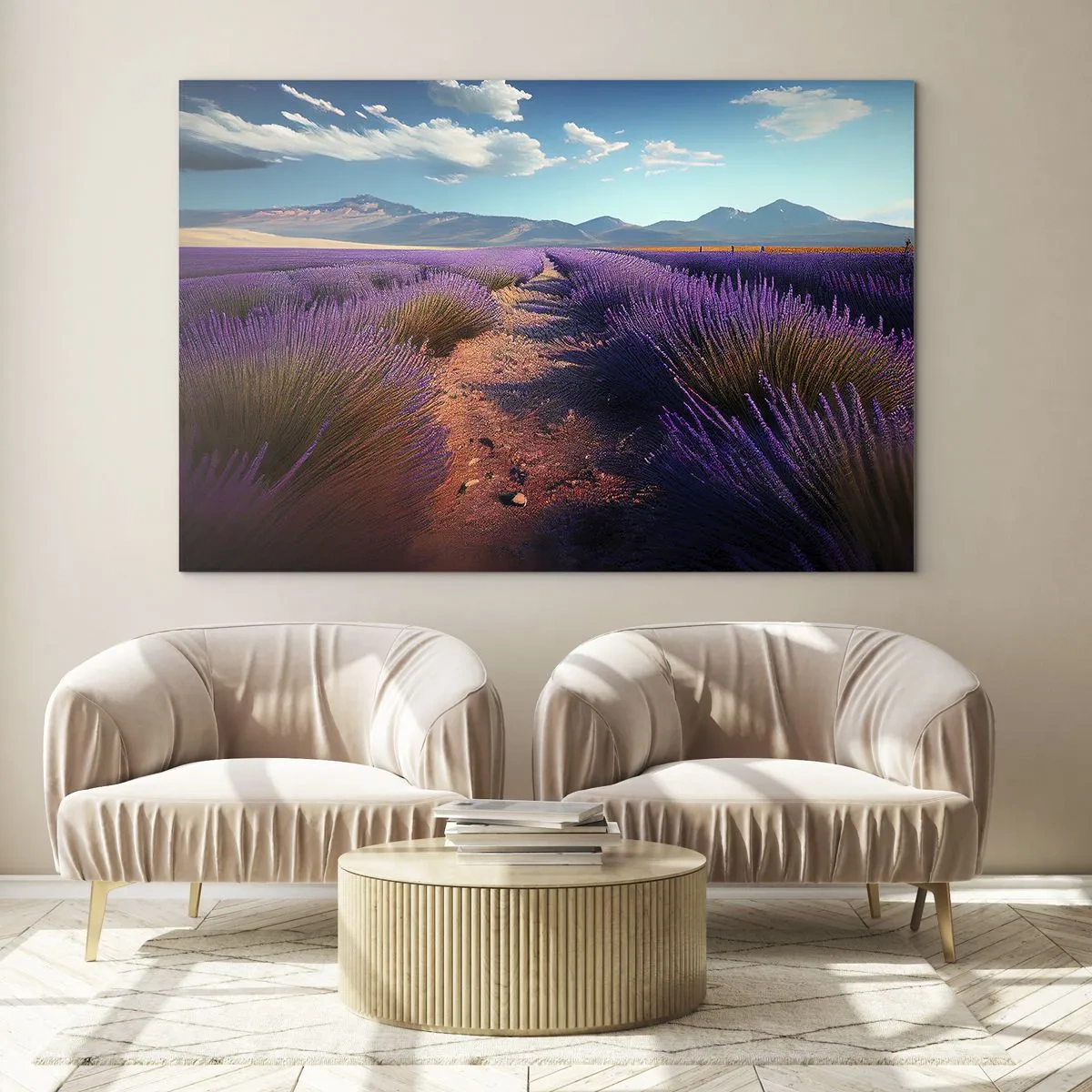 Cuadro sobre vidrio - Impresiones sobre Vidrio - Campos de lavanda al atardecer con vistas a las montañas. - 70x50cm - Campos fragantes - Decoración de pared moderna para salón y dormitorio ARTTOR