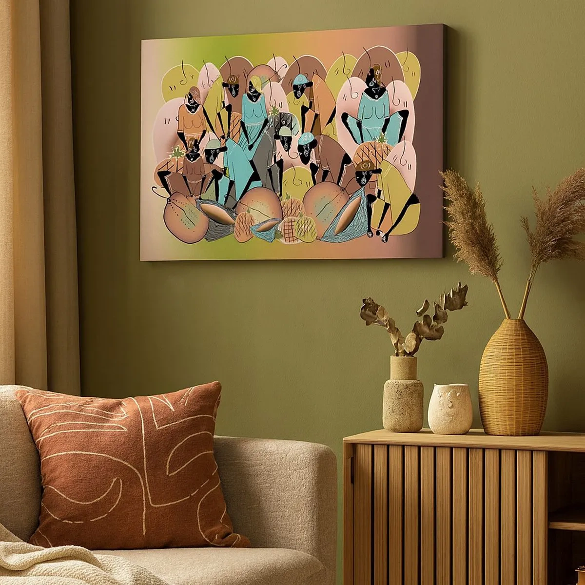 Cuadro sobre lienzo - Impresión de Imagen - Una composición abstracta colorida inspirada en la cultura africana. - 70x50cm - Se avecina una gran celebración - Decoración de pared moderna para salón y dormitorio ARTTOR