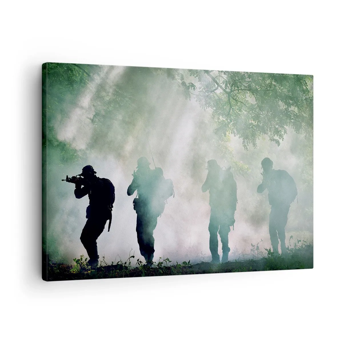 Cuadro sobre lienzo - Impresión de Imagen - Siluetas de soldados en un bosque rodeado de niebla. - 70x50cm - Uno para todos... - Decoración de pared moderna para salón y dormitorio ARTTOR