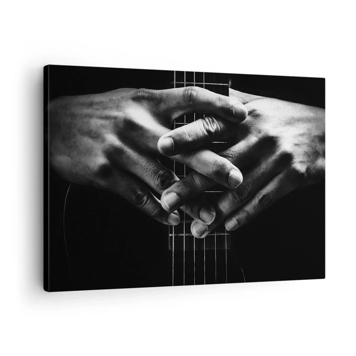 Cuadro sobre lienzo - Impresión de Imagen - Manos unidas sobre una guitarra en un tono monocromático. - 70x50cm - La oración del artista - Decoración de pared moderna para salón y dormitorio ARTTOR