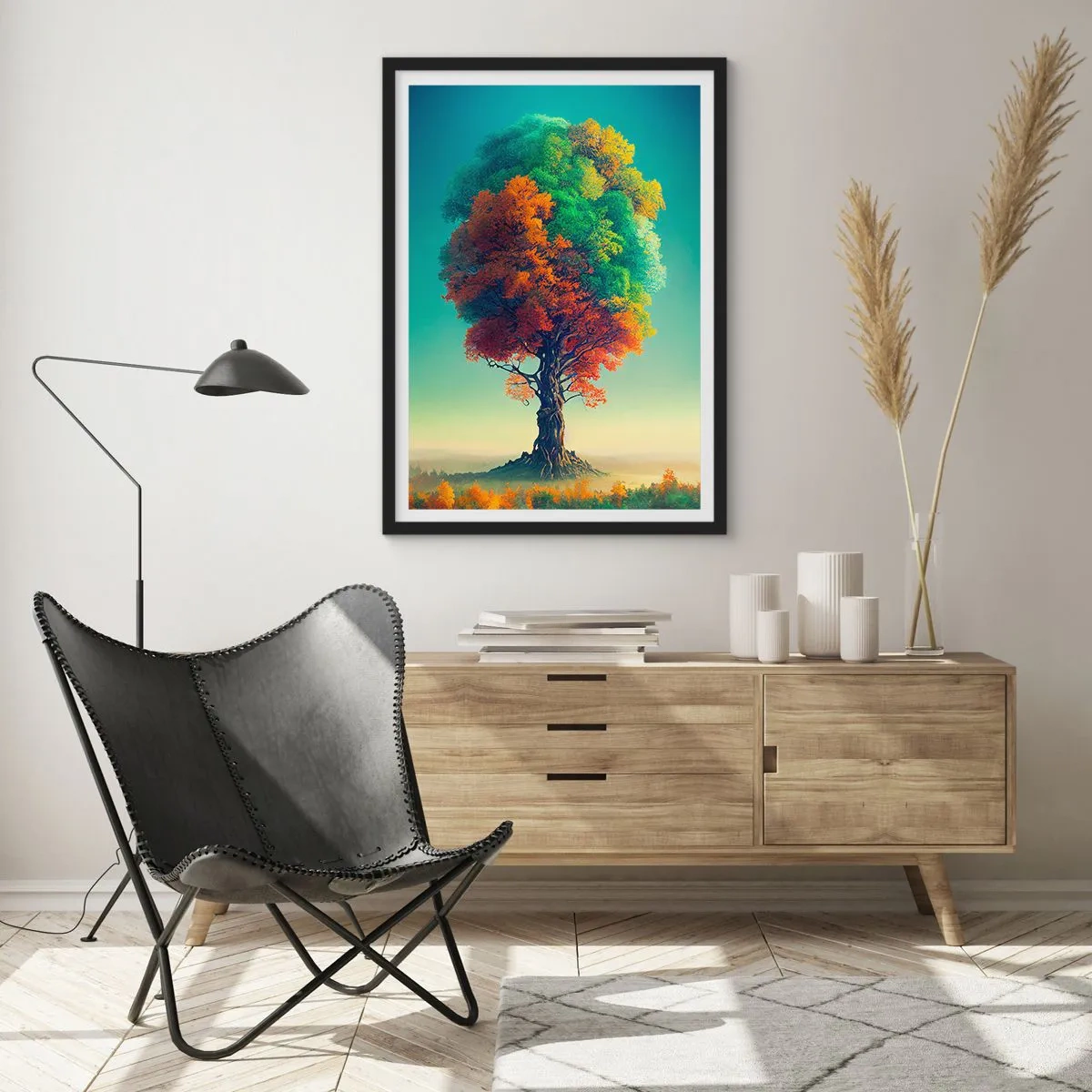 Póster en marco negro - Un árbol con los colores de las cuatro estaciones. - 50x70cm - El roble, padre de la naturaleza - Decoración de pared moderna para salón y dormitorio ARTTOR