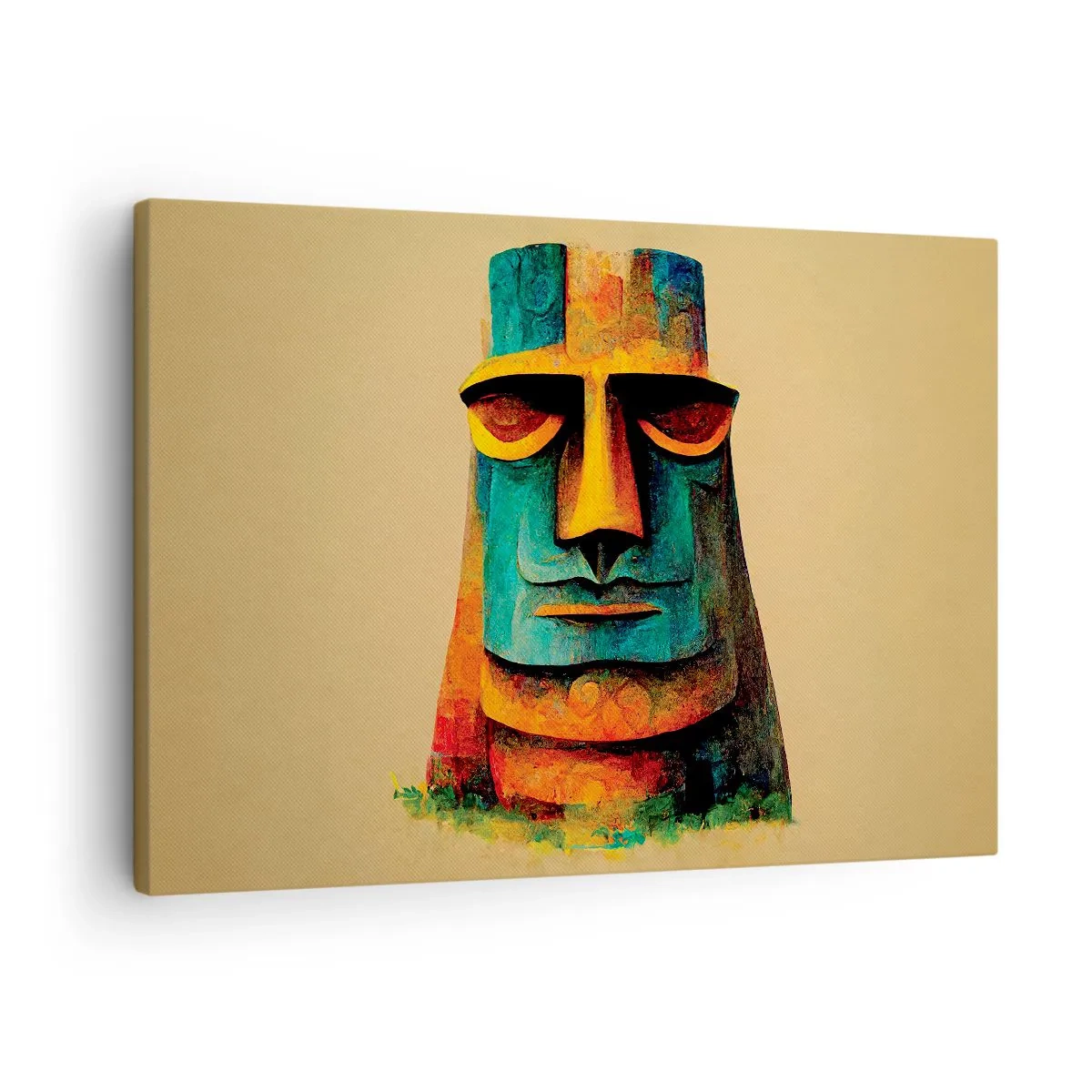 Cuadro sobre lienzo - Impresión de Imagen - Estatua colorida de la Isla de Pascua - 70x50cm - Escultural, pero simpática - Decoración de pared moderna para salón y dormitorio ARTTOR