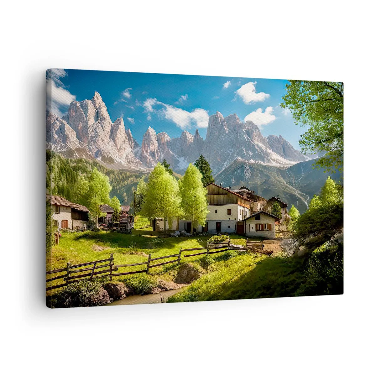 Cuadro sobre lienzo - Impresión de Imagen - Un pueblo de montaña con casas y vistas a los Alpes. - 70x50cm - Idilio alpino - Decoración de pared moderna para salón y dormitorio ARTTOR