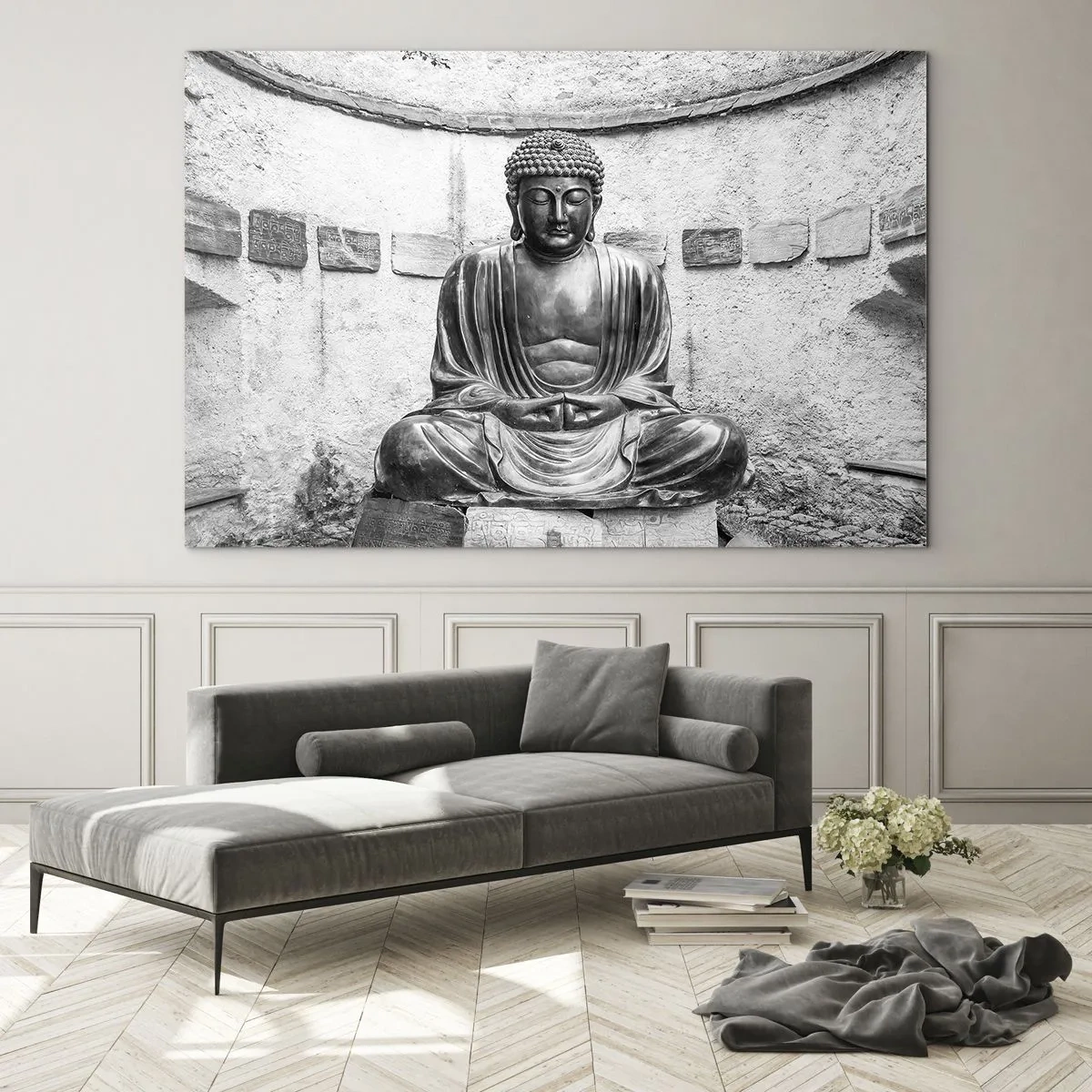 Cuadro sobre vidrio - Impresiones sobre Vidrio - Estatua en blanco y negro de Buda en pose meditativa. - 70x50cm - En la fuente de la paz - Decoración de pared moderna para salón y dormitorio ARTTOR