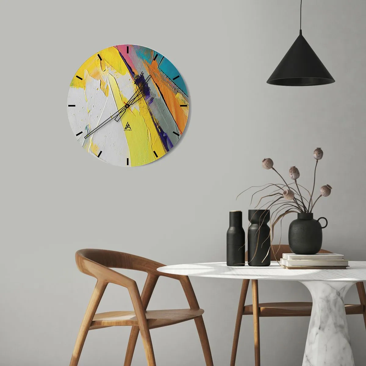 Reloj de pared - Reloj de vidrio - Abstracción colorida con predominio del amarillo, blanco y azul. - 30x30cm - Anatomía de la luz - Decoración de pared moderna para salón, cocina y dormitorio ARTTOR
