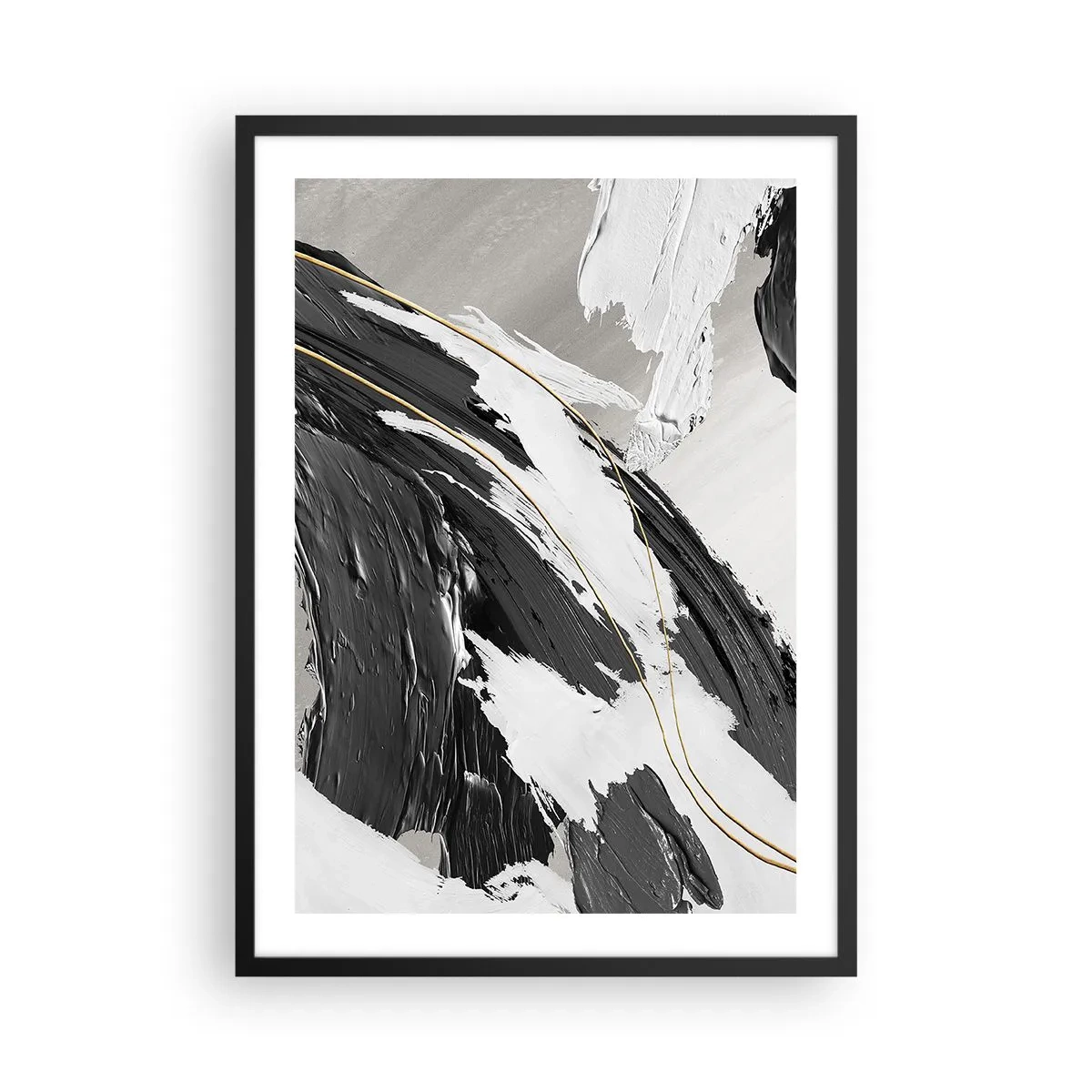 Póster en marco negro - Pinceladas abstractas en blanco, negro y dorado. - 50x70cm - Abstracción con estilo - Decoración de pared moderna para salón y dormitorio ARTTOR