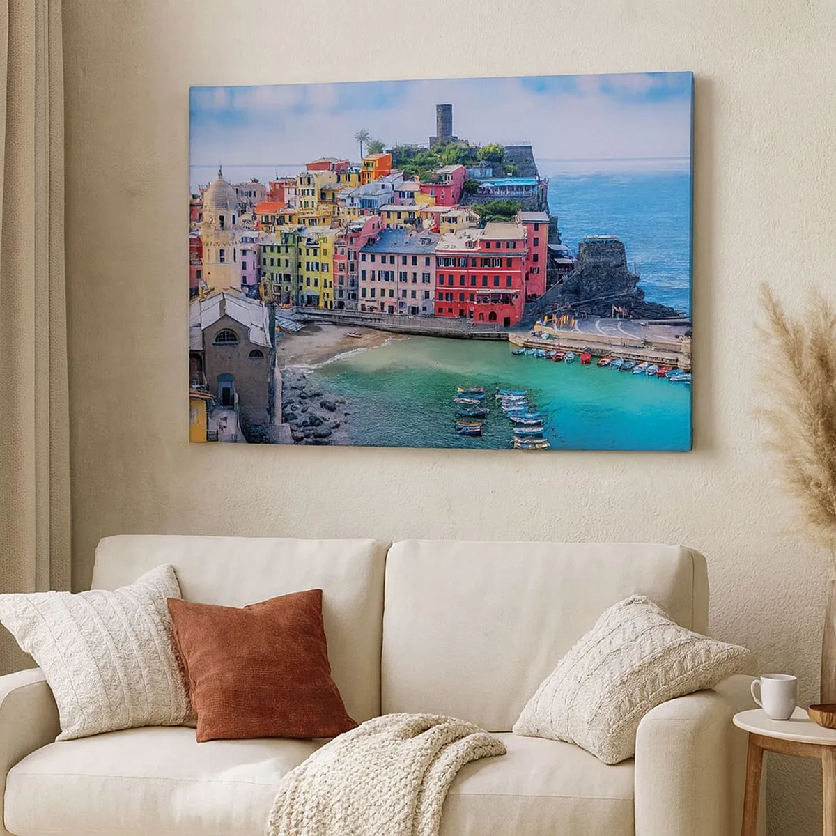Cuadro sobre lienzo - Impresión de Imagen - Un colorido pueblo costero con un pintoresco puerto. - 70x50cm - Pueblo mágico del Mediterráneo - Decoración de pared moderna para salón y dormitorio ARTTOR