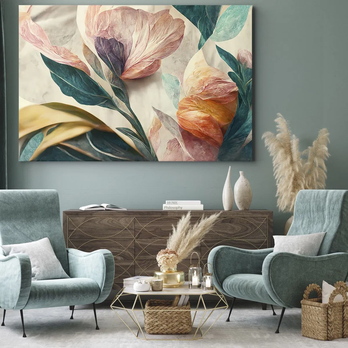 Cuadro sobre lienzo - Impresión de Imagen - Flores coloridas de estilo tropical sobre un fondo claro. - 70x50cm - Flores de las islas del sur - Decoración de pared moderna para salón y dormitorio ARTTOR