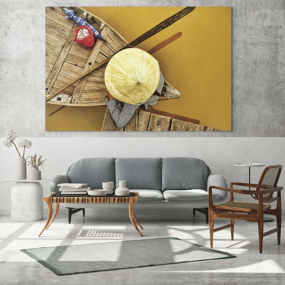 Cuadro sobre vidrio - Impresiones sobre Vidrio - Vista superior de un barco y una persona con un sombrero cónico. - 70x50cm - La vida en el río amarillo - Decoración de pared moderna para salón y dormitorio ARTTOR