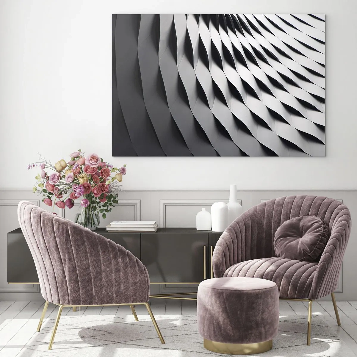 Cuadro sobre vidrio - Impresiones sobre Vidrio - Una estructura abstracta en blanco y negro que se asemeja a formas onduladas. - 70x50cm - En la superficie de las ondas - Decoración de pared moderna para salón y dormitorio ARTTOR
