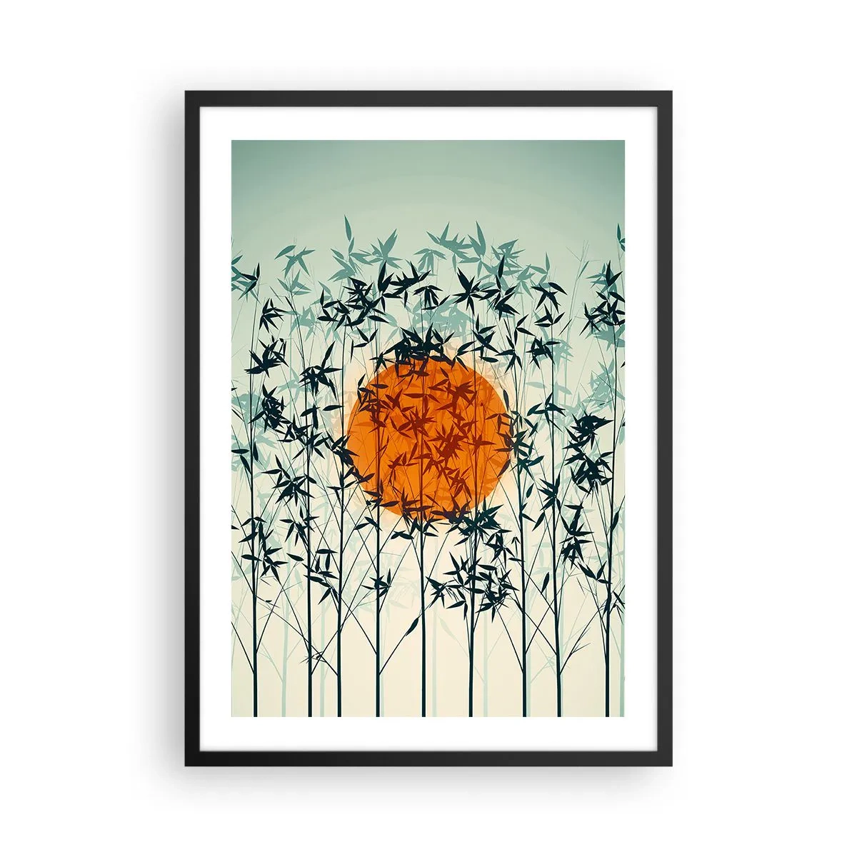 Póster en marco negro - El sol detrás de las ramas de bambú. - 50x70cm - El sol de Japón - Decoración de pared moderna para salón y dormitorio ARTTOR