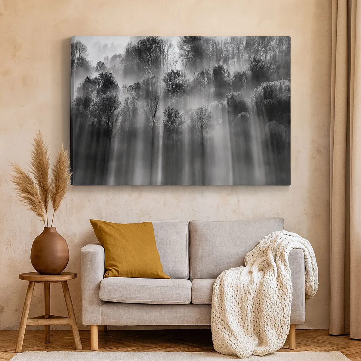 Cuadro sobre lienzo - Impresión de Imagen - Bosque blanco y negro a la luz de la mañana. - 70x50cm - En los flujos de luz - Decoración de pared moderna para salón y dormitorio ARTTOR