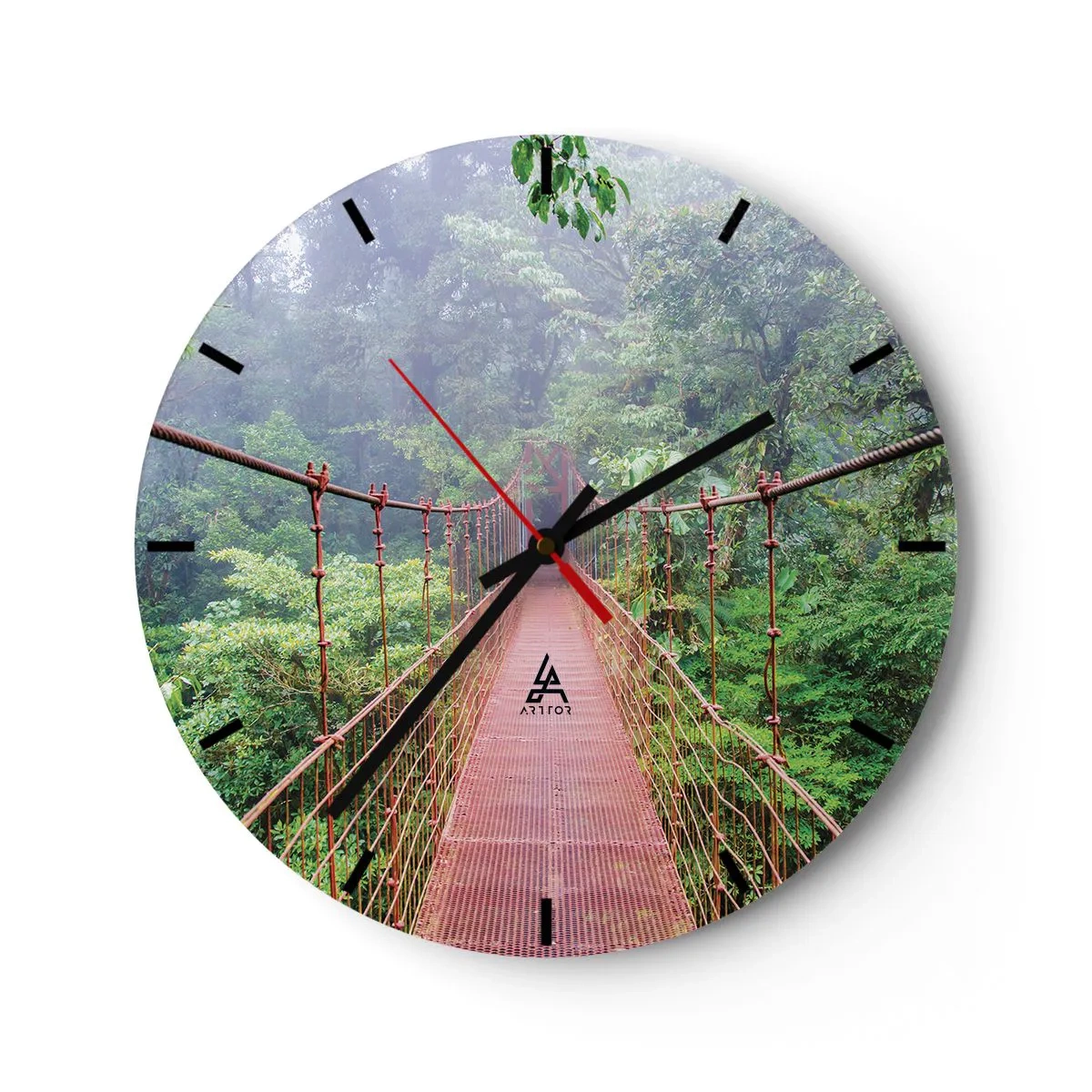 Reloj de pared - Reloj de vidrio - Un puente colgante rojo en medio de una selva tropical. - 30x30cm - Suspendido sobre las copas - Decoración de pared moderna para salón, cocina y dormitorio ARTTOR