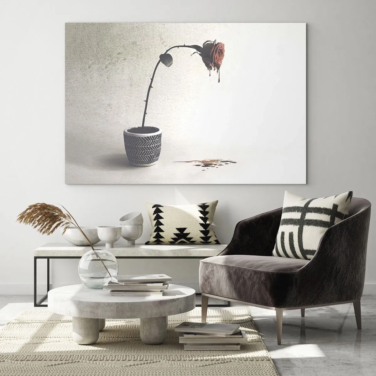 Cuadro sobre vidrio - Impresiones sobre Vidrio - Una rosa simbólica en una maceta con pintura goteando. - 70x50cm - Rosa dolorosa - Decoración de pared moderna para salón y dormitorio ARTTOR