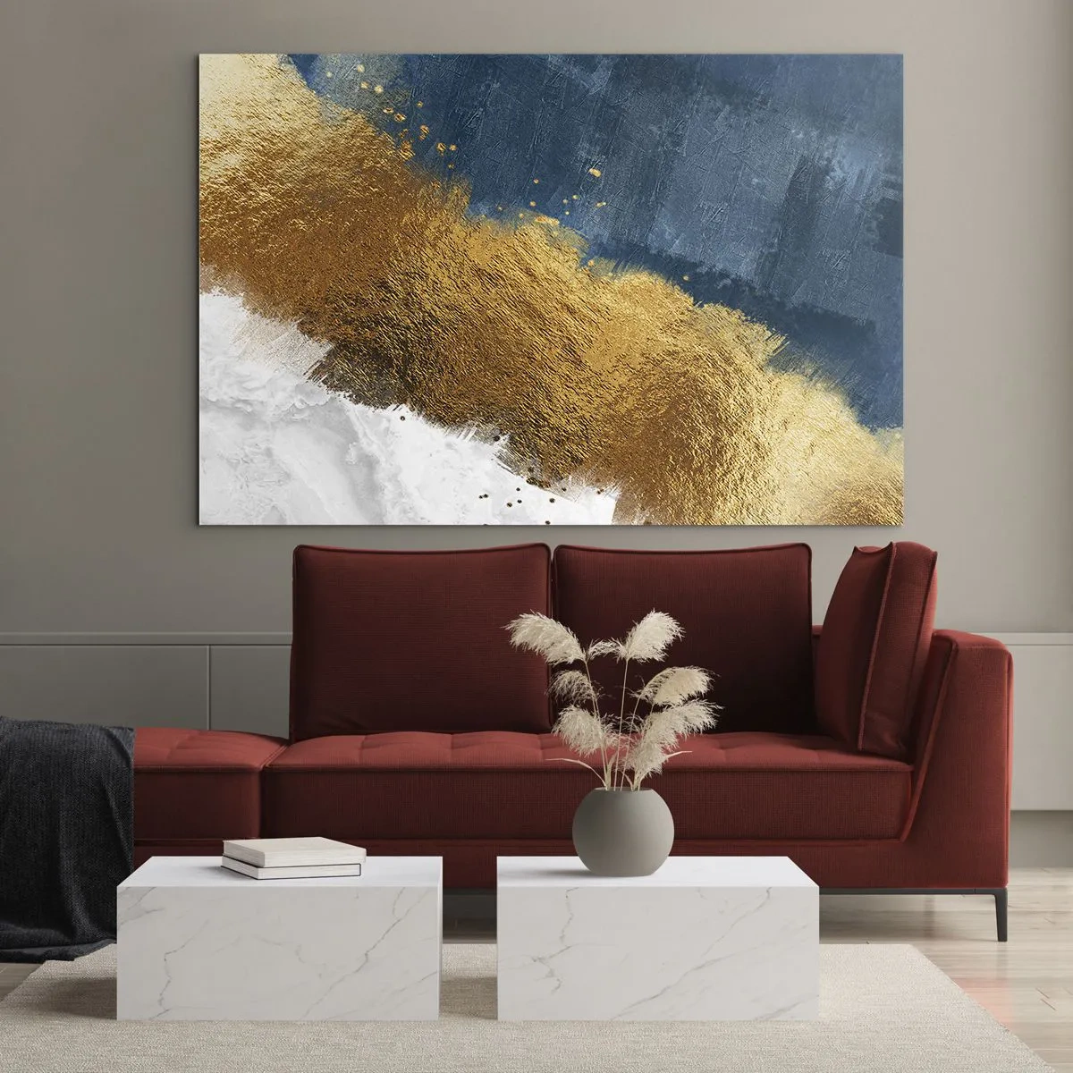 Cuadro sobre vidrio - Impresiones sobre Vidrio - Trazos de pintura dorada sobre un fondo azul marino y blanco. - 70x50cm - Los colores del verano - Decoración de pared moderna para salón y dormitorio ARTTOR