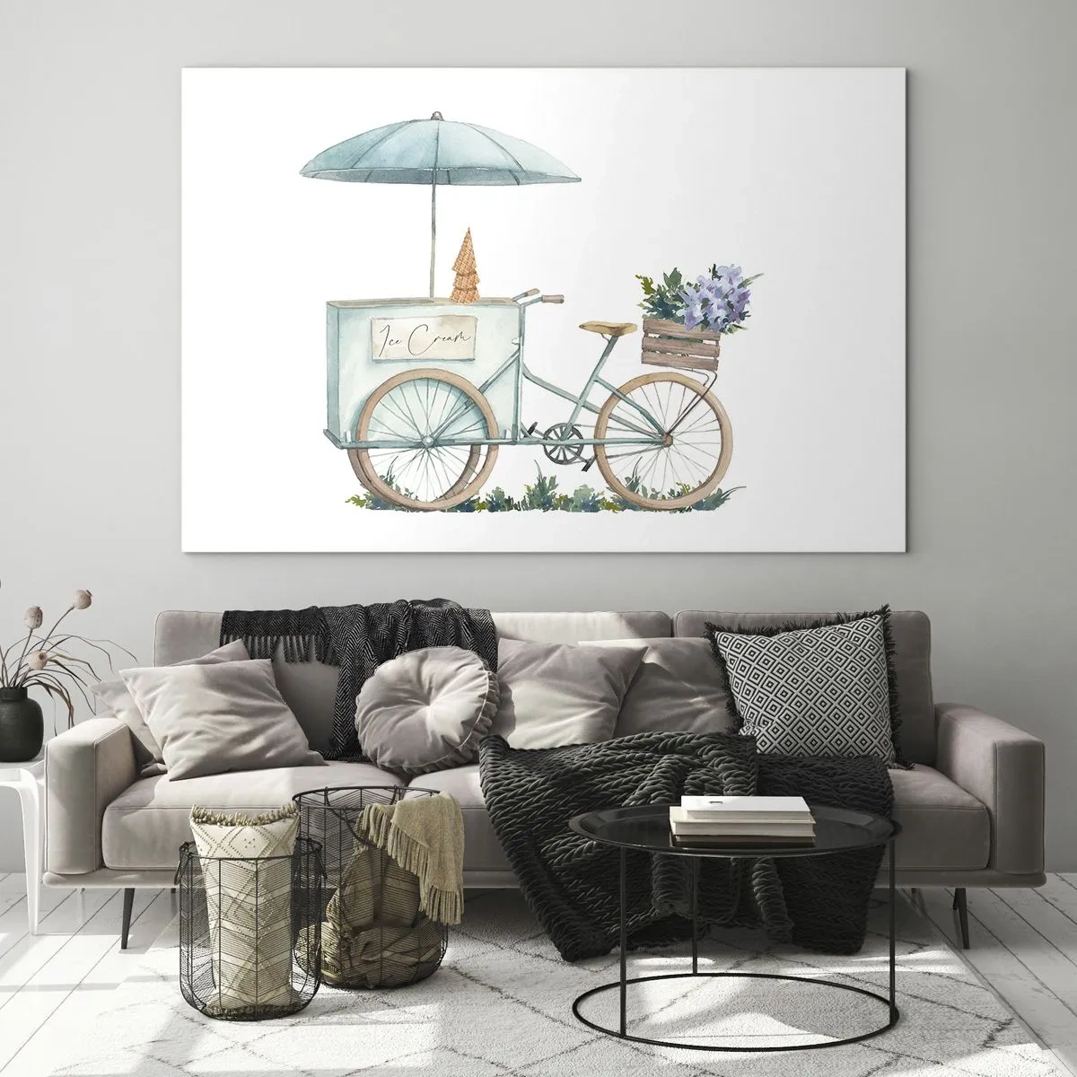 Cuadro sobre vidrio - Impresiones sobre Vidrio - Una bicicleta con helado y flores pastel. - 70x50cm - Dulce recuerdo del verano - Decoración de pared moderna para salón y dormitorio ARTTOR