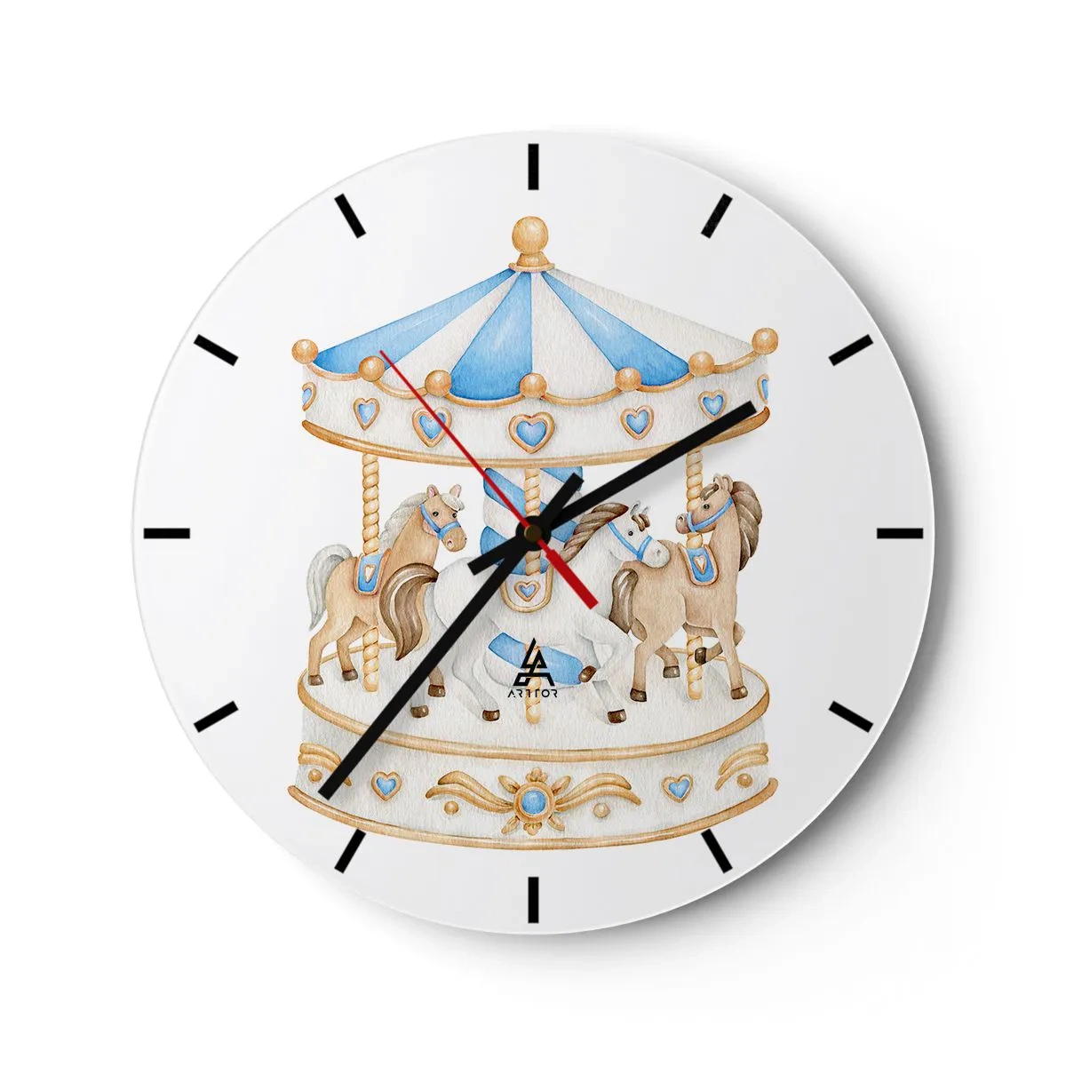 Reloj de pared - Reloj de vidrio - Un carrusel con caballos en tonos pastel de azul y beige. - 30x30cm - Dulce infancia - Decoración de pared moderna para salón, cocina y dormitorio ARTTOR