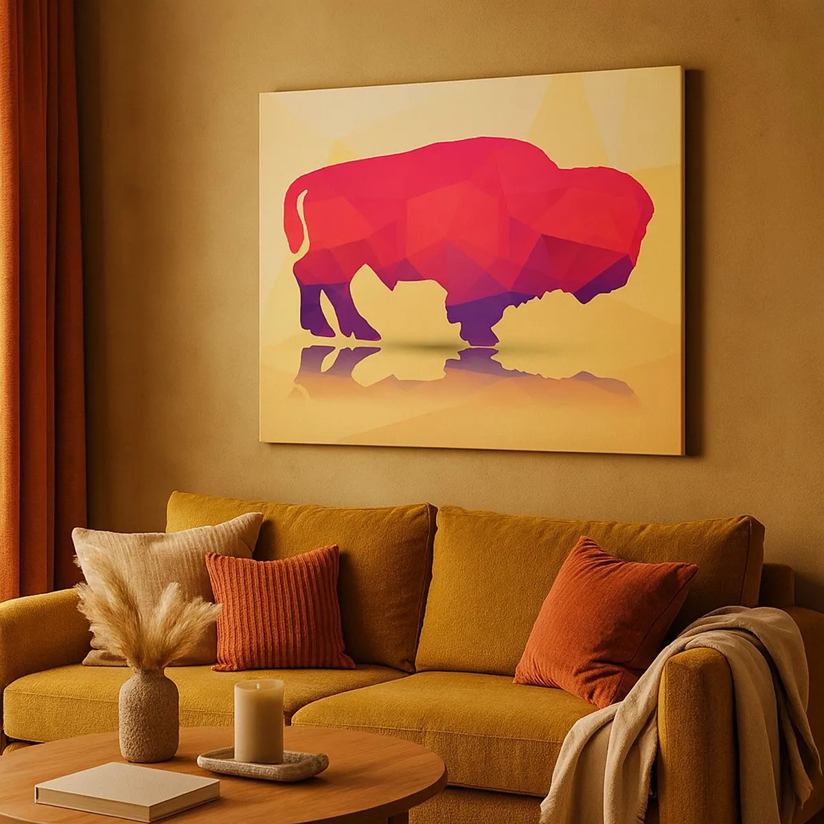 Cuadro sobre lienzo - Impresión de Imagen - Silueta geométrica de un bisonte en tonos rojos y morados. - 70x50cm - Fuerza de bisonte - Decoración de pared moderna para salón y dormitorio ARTTOR