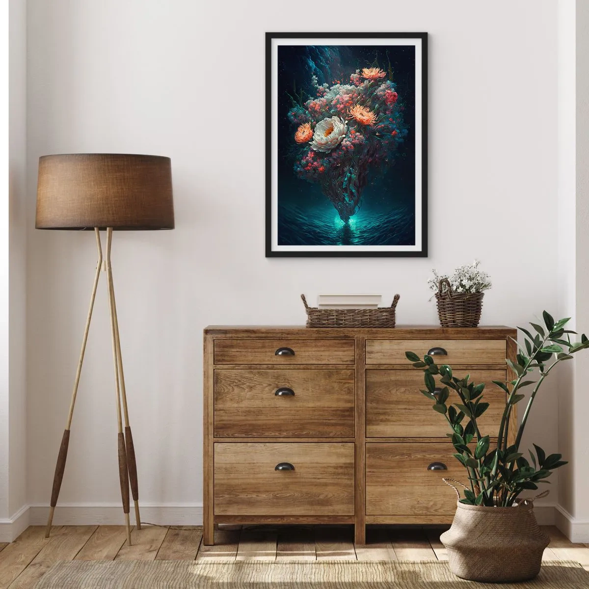 Póster en marco negro - Un arreglo mágico de flores flotando sobre el agua. - 50x70cm - Extraño jardín - Decoración de pared moderna para salón y dormitorio ARTTOR