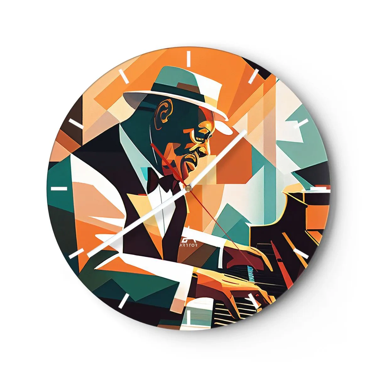 Reloj de pared - Reloj de vidrio - Músico de jazz al piano en estilo geométrico. - 30x30cm - Todo ese jazz que llevas dentro - Decoración de pared moderna para salón, cocina y dormitorio ARTTOR
