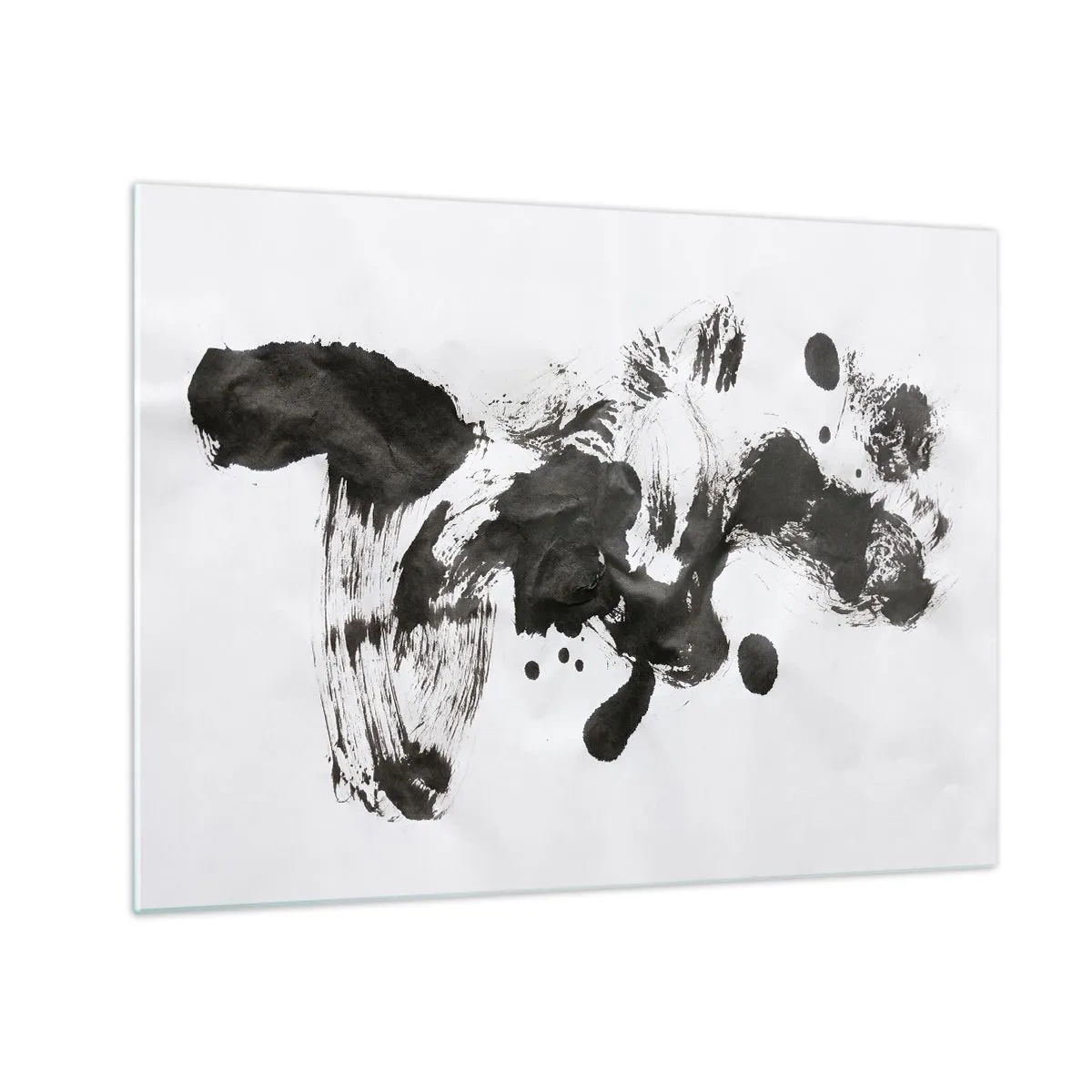 Cuadro sobre vidrio - Impresiones sobre Vidrio - Manchas negras abstractas y pinceladas sobre un fondo blanco - 70x50cm - ¿Un método en la locura? - Decoración de pared moderna para salón y dormitorio ARTTOR