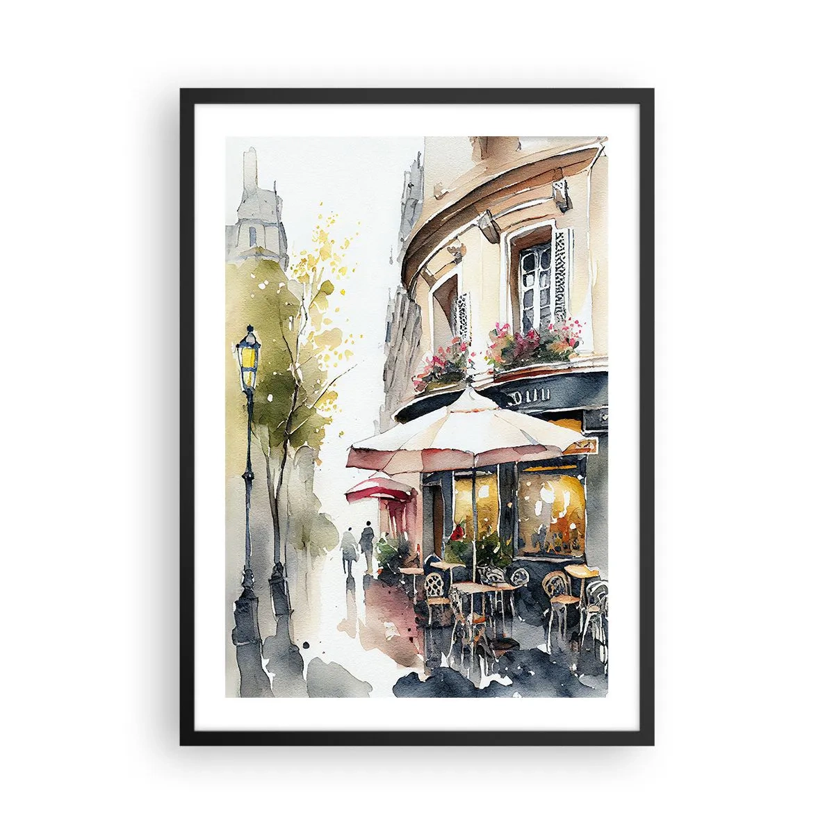 Póster en marco negro - Un café en una pintoresca calle de estilo europeo. - 50x70cm - Una mañana parisina - Decoración de pared moderna para salón y dormitorio ARTTOR