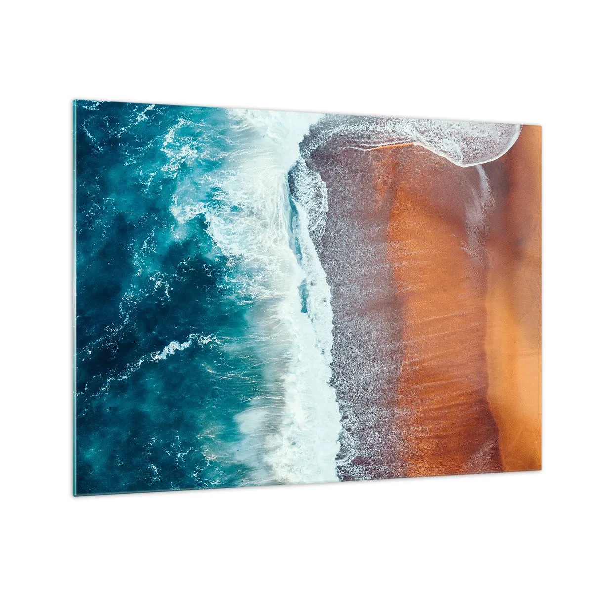 Cuadro sobre vidrio - Impresiones sobre Vidrio - Vista aérea de la superficie del océano y la orilla de la playa. - 70x50cm - Un toque de océano - Decoración de pared moderna para salón y dormitorio ARTTOR