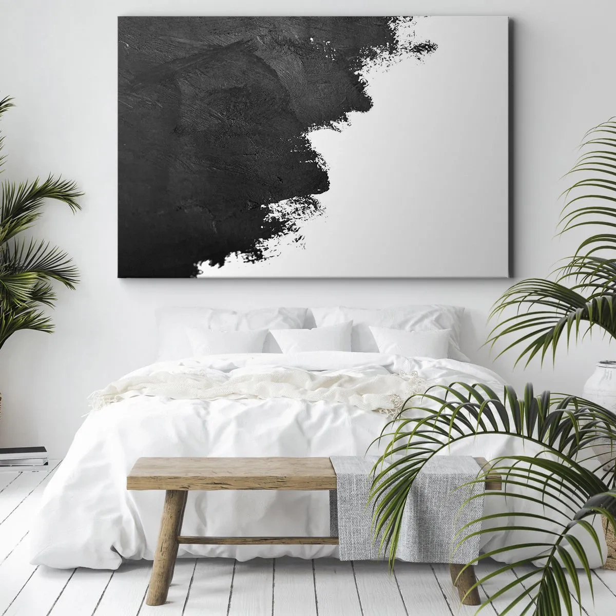 Cuadro sobre lienzo - Impresión de Imagen - Abstracción en blanco y negro con pinceladas contrastantes. - 70x50cm - Elementos: tierra - Decoración de pared moderna para salón y dormitorio ARTTOR