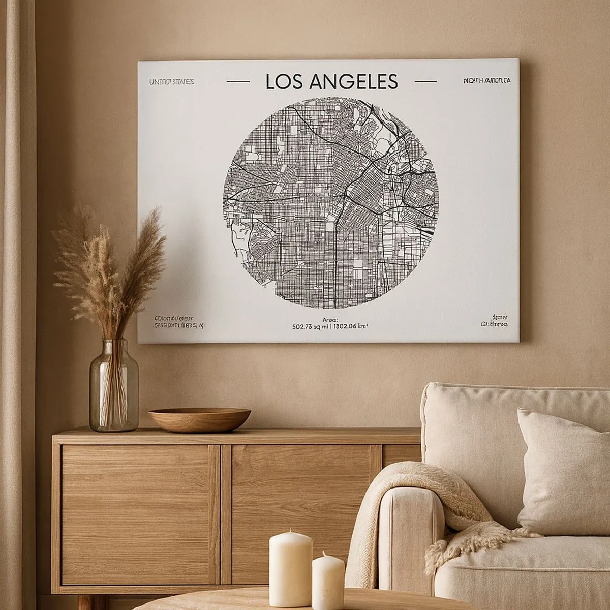 Cuadro sobre lienzo - Impresión de Imagen - Un mapa de Los Ángeles en un estilo minimalista en blanco y negro. - 70x50cm - Anatomía de Los Ángeles - Decoración de pared moderna para salón y dormitorio ARTTOR