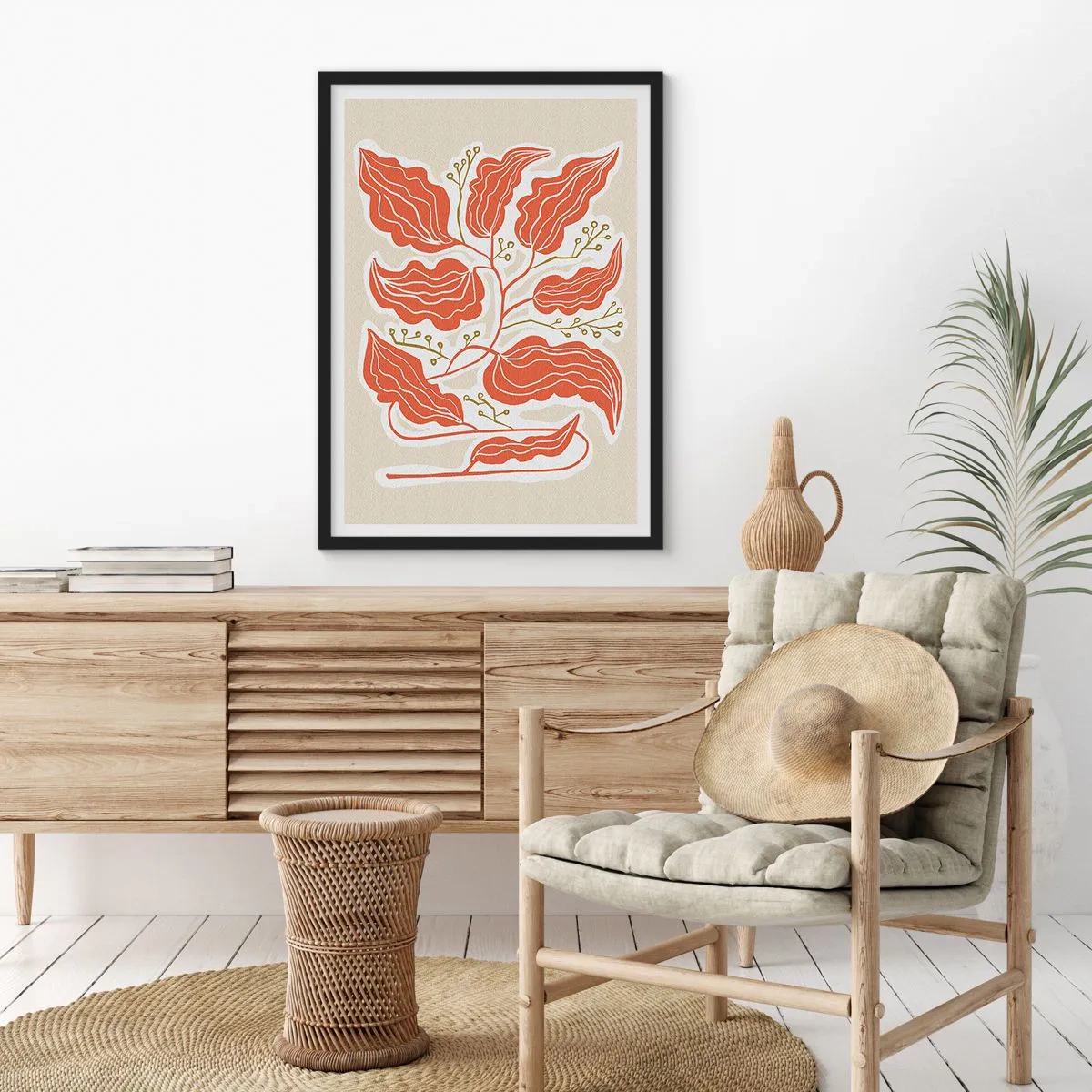 Póster en marco negro - Una composición abstracta de hojas en tonos naranja y beige. - 50x70cm - Folk y coral - Decoración de pared moderna para salón y dormitorio ARTTOR