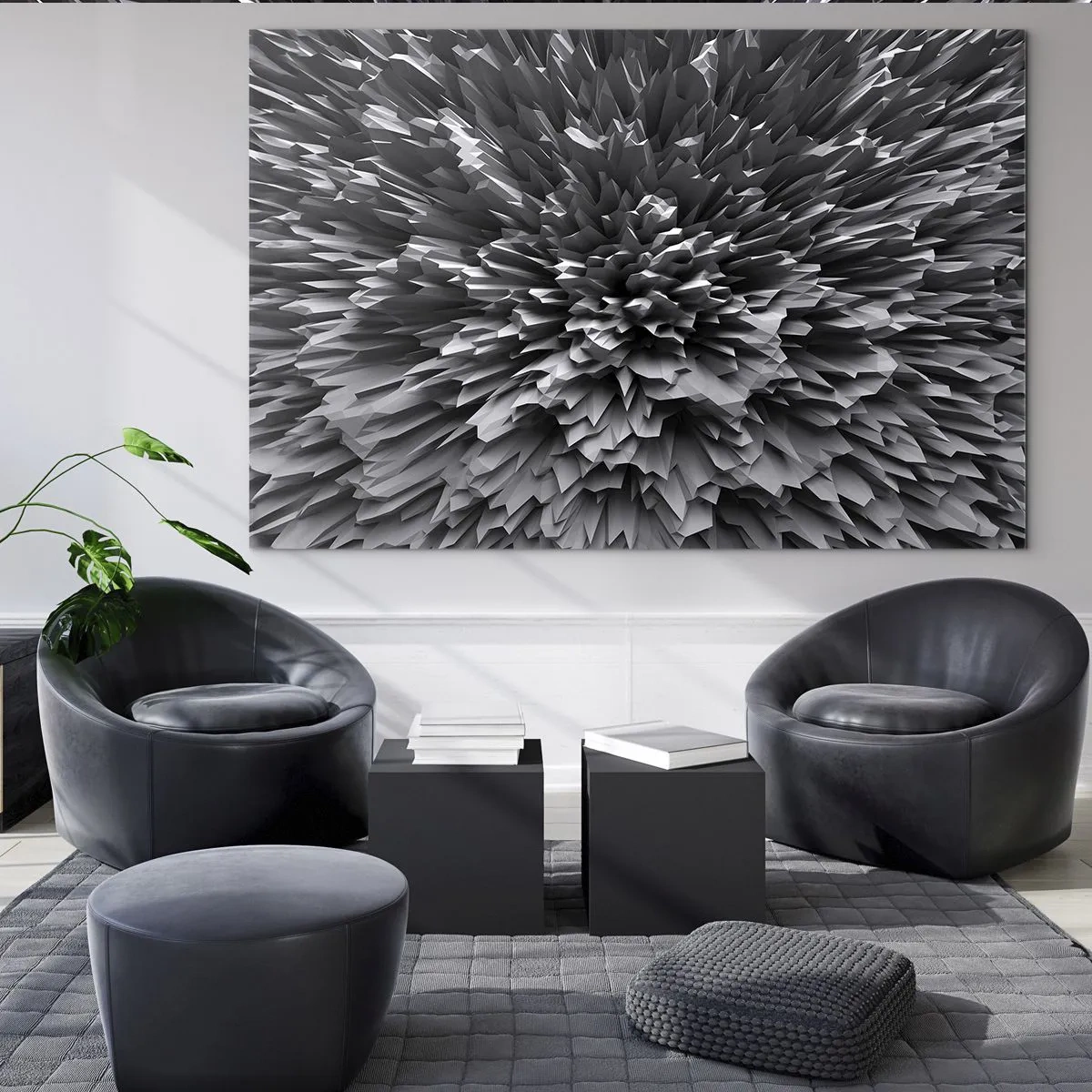 Cuadro sobre vidrio - Impresiones sobre Vidrio - Estructura 3D abstracta en blanco y negro con bordes afilados - 70x50cm - No puede ser más afilado - Decoración de pared moderna para salón y dormitorio ARTTOR