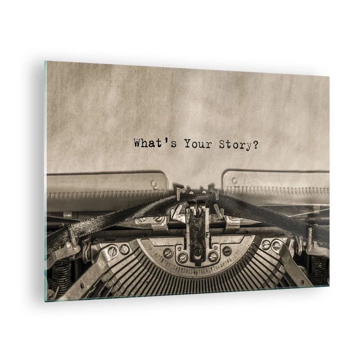 Cuadro sobre vidrio - Impresiones sobre Vidrio - Primer plano de una máquina de escribir con el texto "¿Cuál es tu historia?" - 70x50cm - Solo espero una respuesta - Decoración de pared moderna para salón y dormitorio ARTTOR