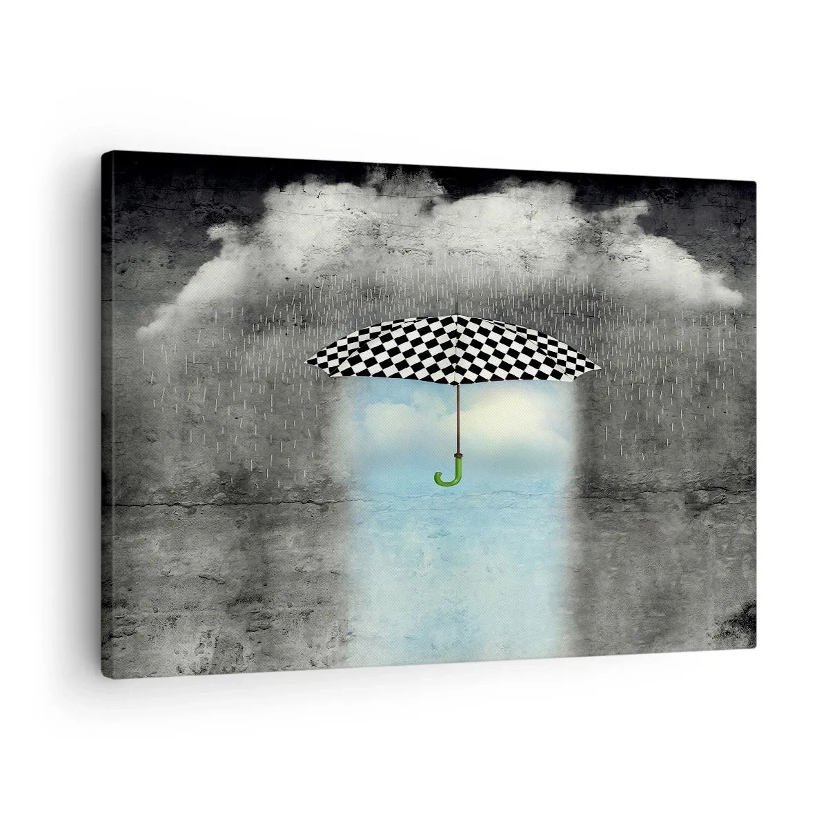 Cuadro sobre lienzo - Impresión de Imagen - Un paraguas a cuadros sobre un paisaje lluvioso. - 70x50cm - Y sin embargo, es posible - Decoración de pared moderna para salón y dormitorio ARTTOR
