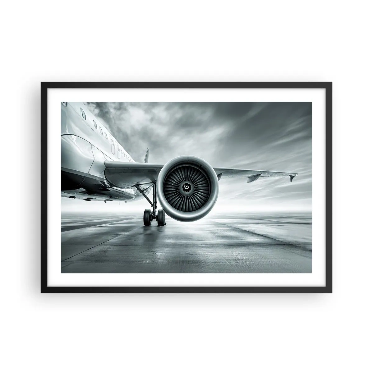 Póster en marco negro - El motor a reacción de un avión en la pista - 70x50cm - Hay poder - Decoración de pared moderna para salón y dormitorio ARTTOR
