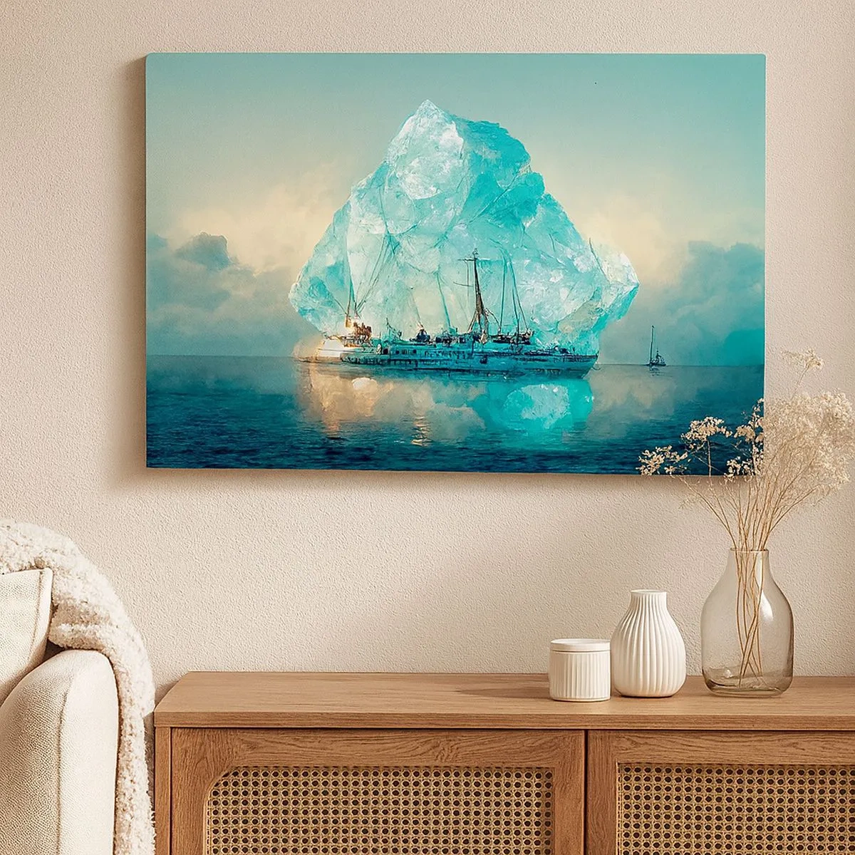 Cuadro sobre lienzo - Impresión de Imagen - Un barco con un majestuoso iceberg al fondo. - 70x50cm - Diamante ártico - Decoración de pared moderna para salón y dormitorio ARTTOR