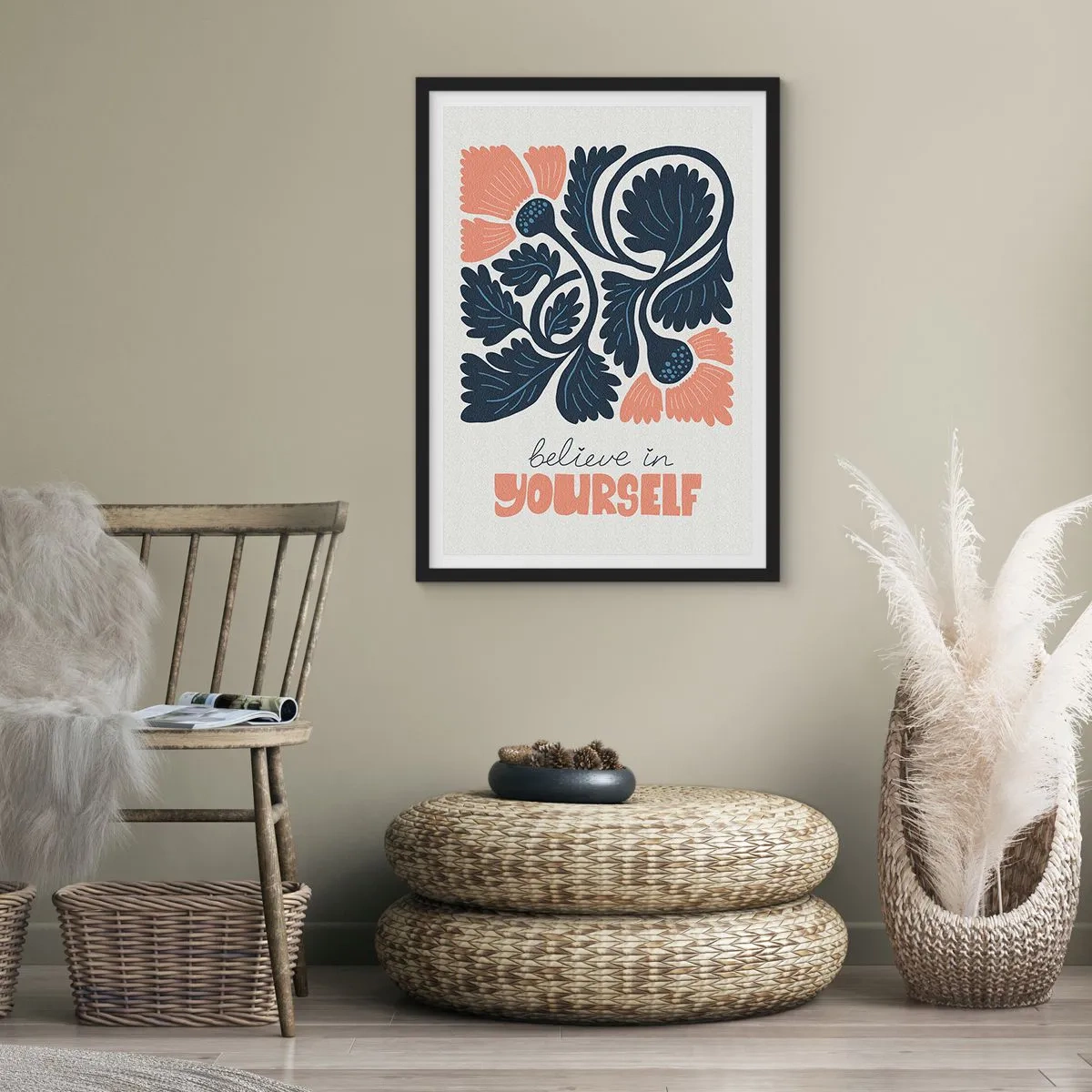 Póster en marco negro - Flores estilizadas en azul marino y rosa con una inscripción inspiradora. - 50x70cm - Crece y florece - Decoración de pared moderna para salón y dormitorio ARTTOR