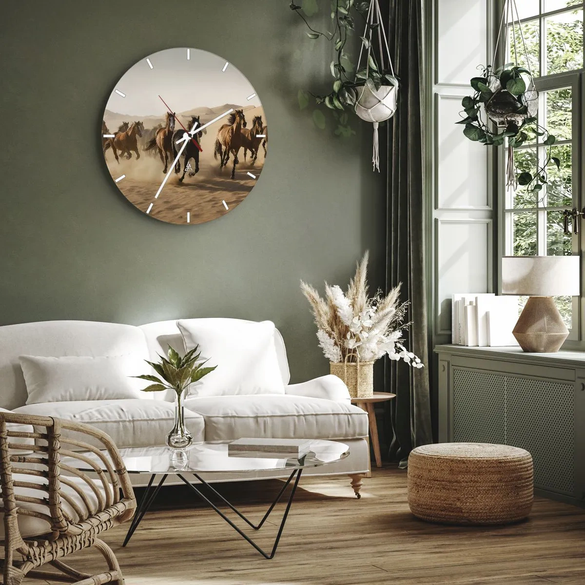 Reloj de pared - Reloj de vidrio - Caballos al galope con las dunas del desierto como telón de fondo - 30x30cm - Libre como el viento - Decoración de pared moderna para salón, cocina y dormitorio ARTTOR