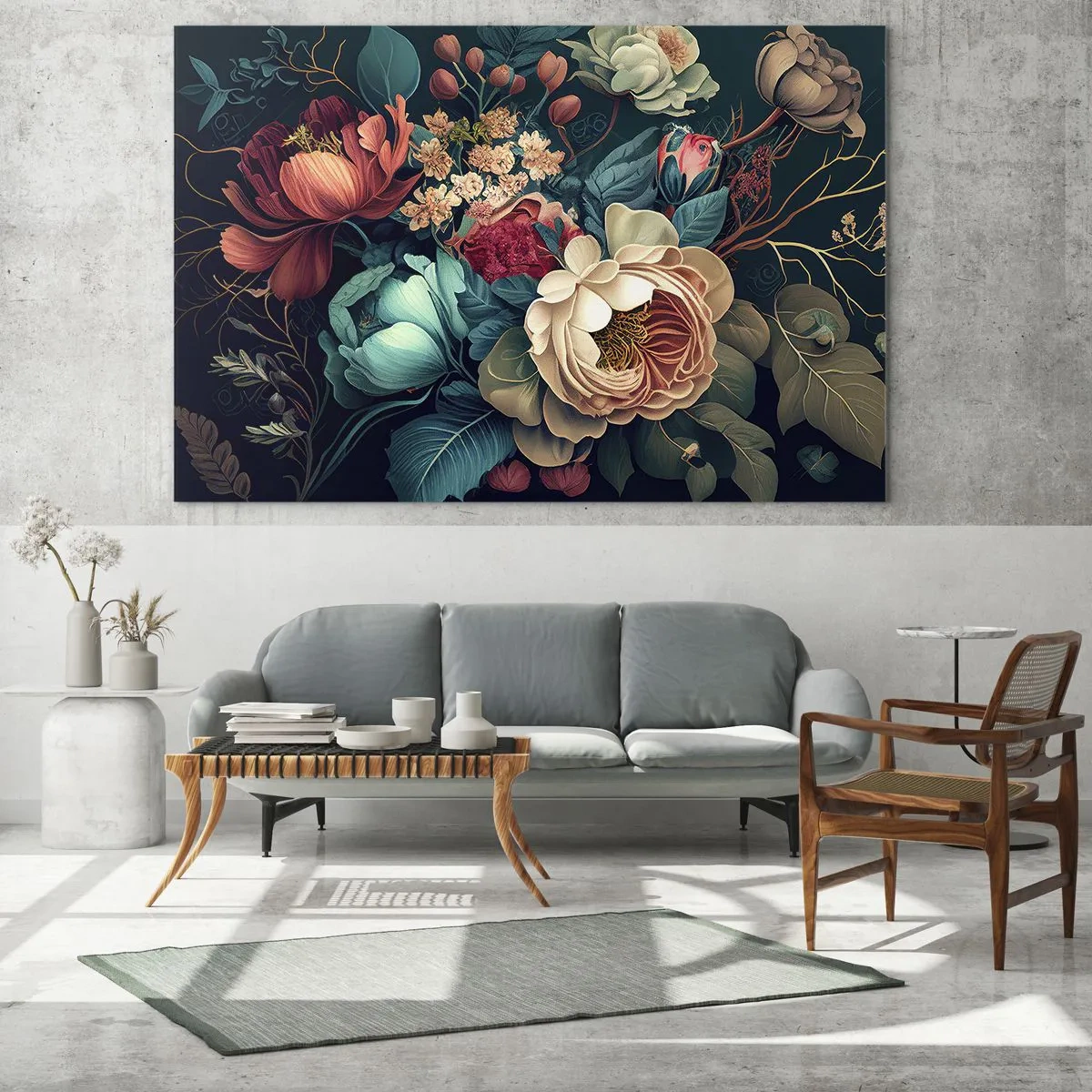 Cuadro sobre vidrio - Impresiones sobre Vidrio - Ramo de flores vintage sobre fondo oscuro - 70x50cm - Encanto del siglo XIX - Decoración de pared moderna para salón y dormitorio ARTTOR