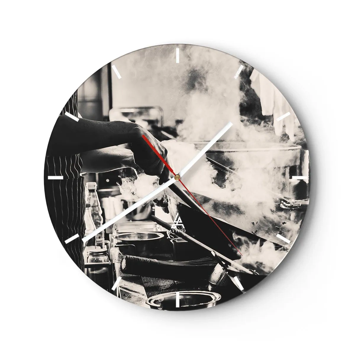 Reloj de pared - Reloj de vidrio - Un chef trabajando en la cocina rodeado de vapor. - 30x30cm - Alquimia de sabores - Decoración de pared moderna para salón, cocina y dormitorio ARTTOR