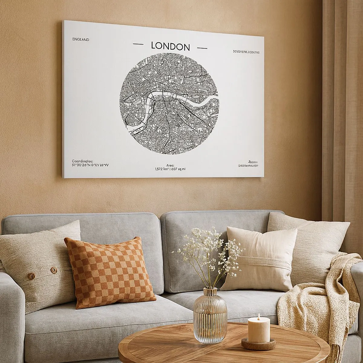 Cuadro sobre lienzo - Impresión de Imagen - Un mapa minimalista de Londres en blanco y negro con detalles precisos. - 70x50cm - Anatomía de Londres - Decoración de pared moderna para salón y dormitorio ARTTOR