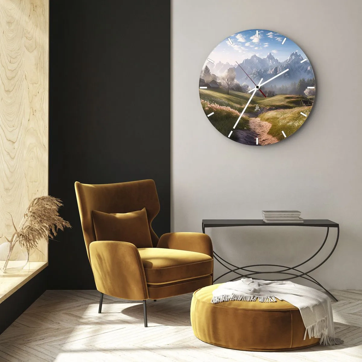 Reloj de pared - Reloj de vidrio - Un paisaje de montaña con un valle, un camino y cabañas idílicas. - 30x30cm - Valle idílico - Decoración de pared moderna para salón, cocina y dormitorio ARTTOR