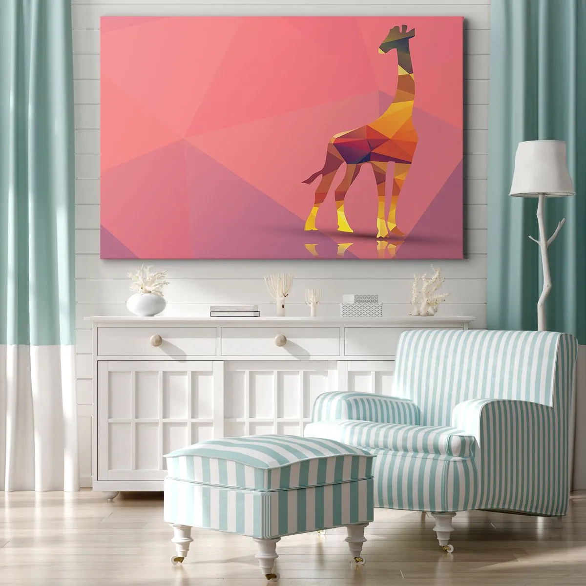 Cuadro sobre lienzo - Impresión de Imagen - Silueta geométrica de jirafa en tonos pastel de rosa y amarillo. - 70x50cm - En los colores de la sabana - Decoración de pared moderna para salón y dormitorio ARTTOR