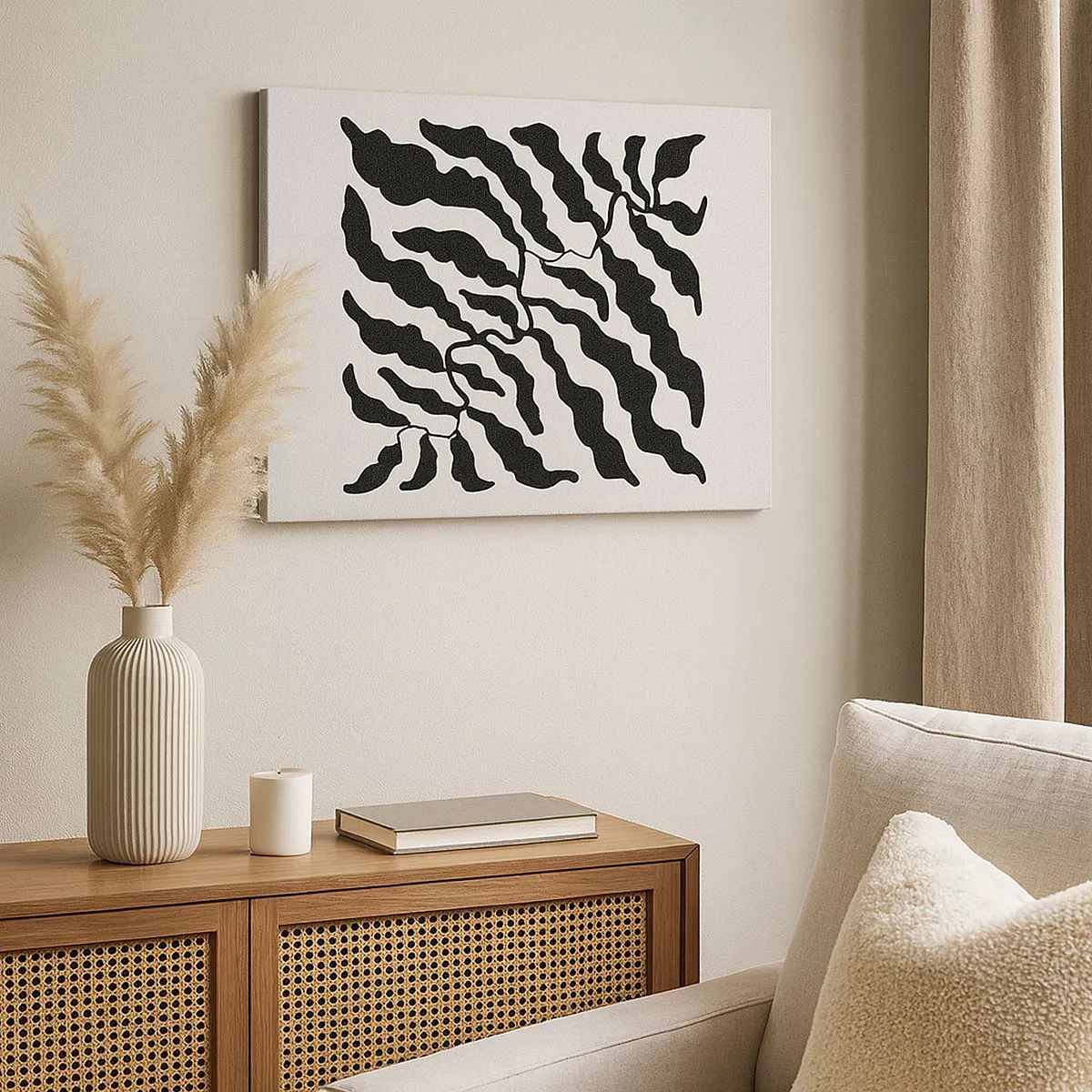 Cuadro sobre lienzo - Impresión de Imagen - Ramitas con hojas en negro sobre un fondo claro - 70x50cm - La naturaleza de un cuadrado - Decoración de pared moderna para salón y dormitorio ARTTOR