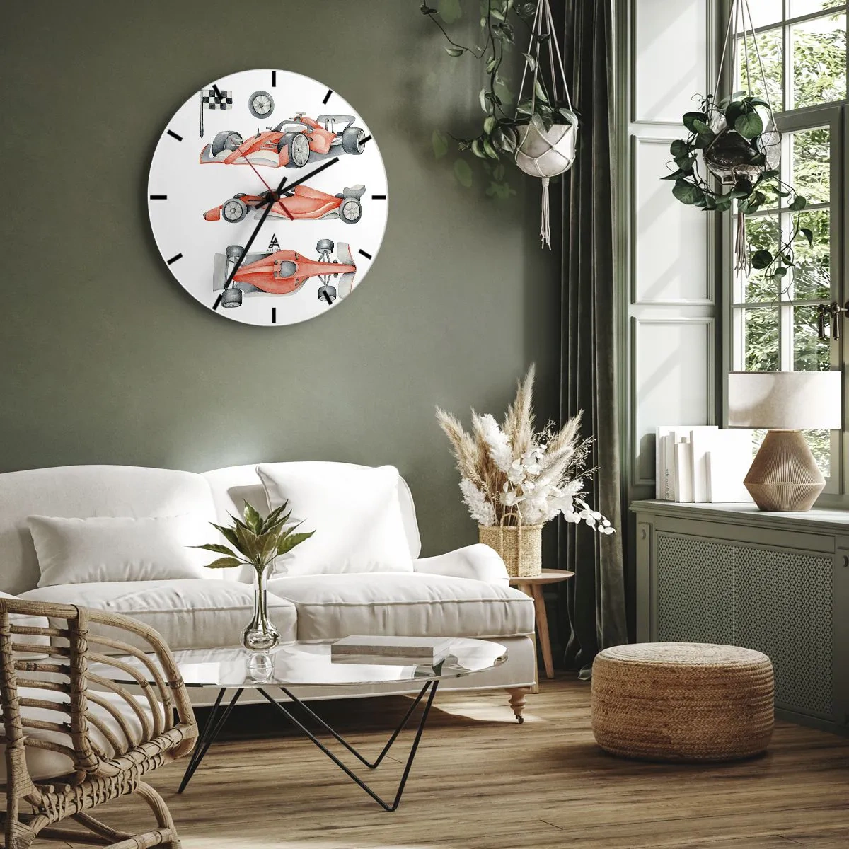 Reloj de pared - Reloj de vidrio - Coches de carreras rojos y una bandera a cuadros sobre un fondo blanco - 30x30cm - Para alcanzar un sueño - Decoración de pared moderna para salón, cocina y dormitorio ARTTOR