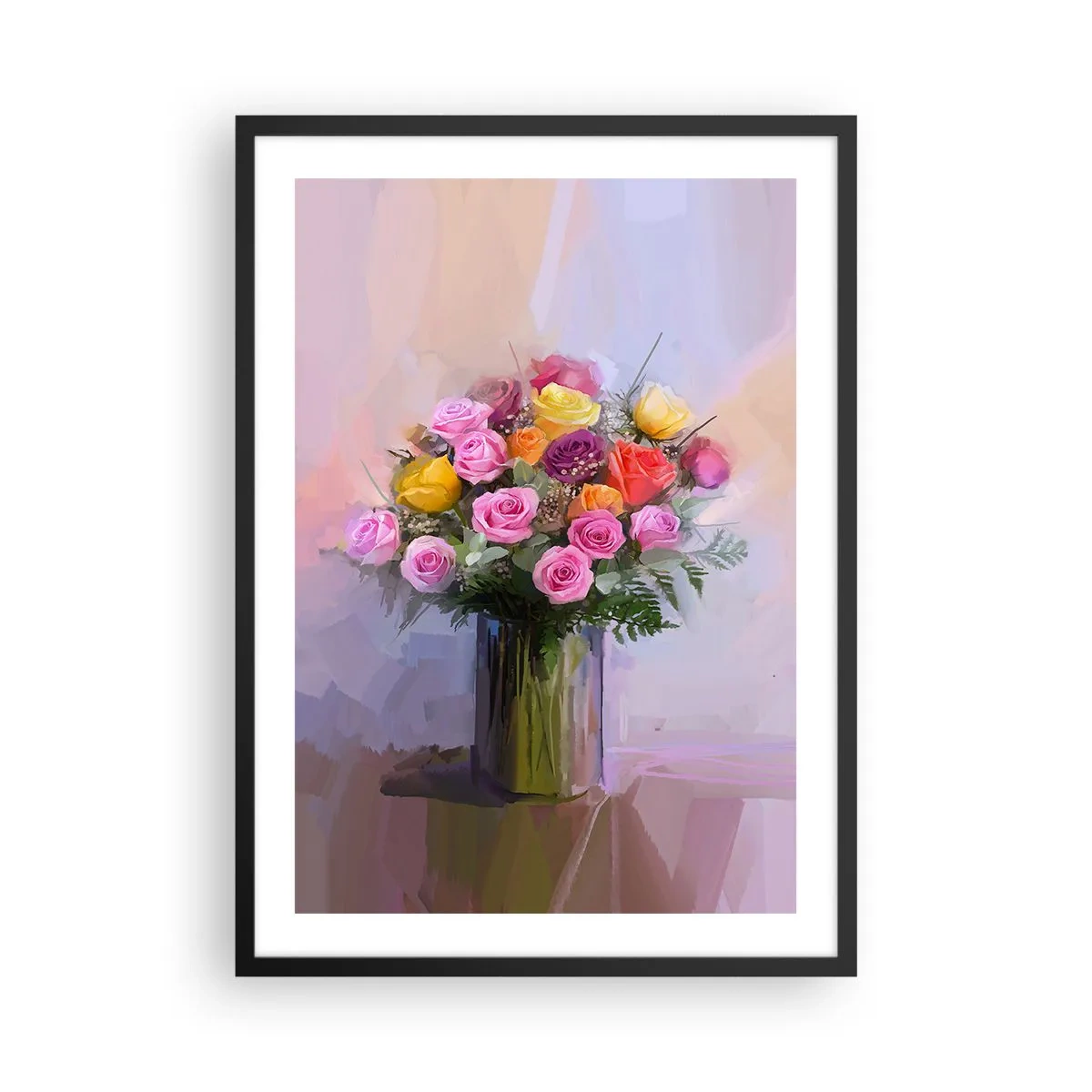 Póster en marco negro - Un ramo de rosas y flores en un jarrón de cristal. - 50x70cm - Belleza inmortalizada - Decoración de pared moderna para salón y dormitorio ARTTOR