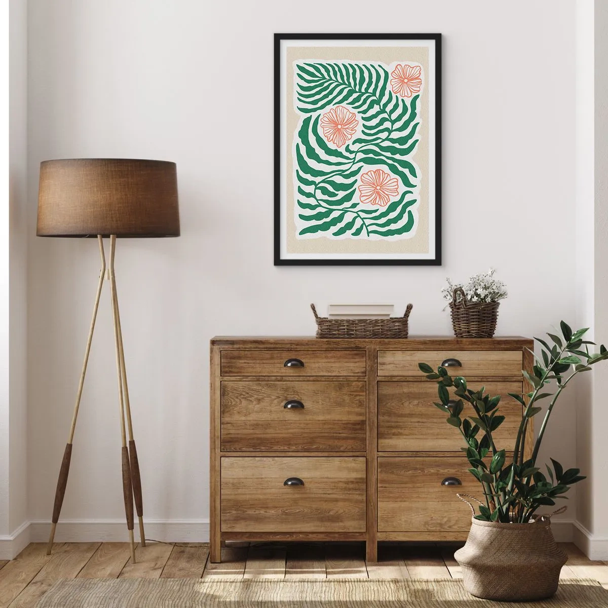 Póster en marco negro - Gráfico abstracto de hojas y flores sobre un fondo beige. - 50x70cm - Florecido en verde - Decoración de pared moderna para salón y dormitorio ARTTOR
