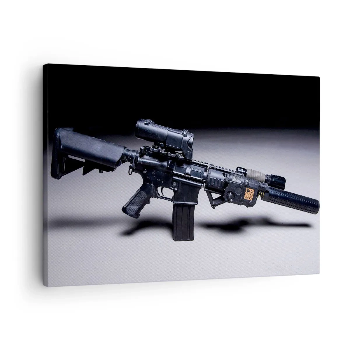 Cuadro sobre lienzo - Impresión de Imagen - Un rifle moderno en negro sobre un fondo oscuro. - 70x50cm - Un caballero oscuro - Decoración de pared moderna para salón y dormitorio ARTTOR